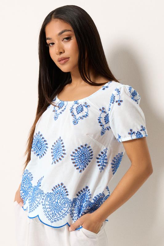  M&Co Petite White & Blue Broderie Cotton Top