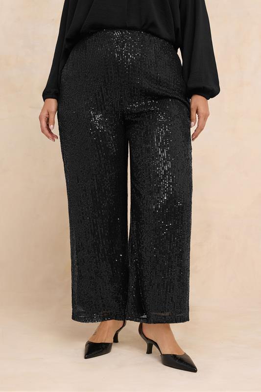  EVANS Curve Black Sequin Embellished Wide Leg Trousers
