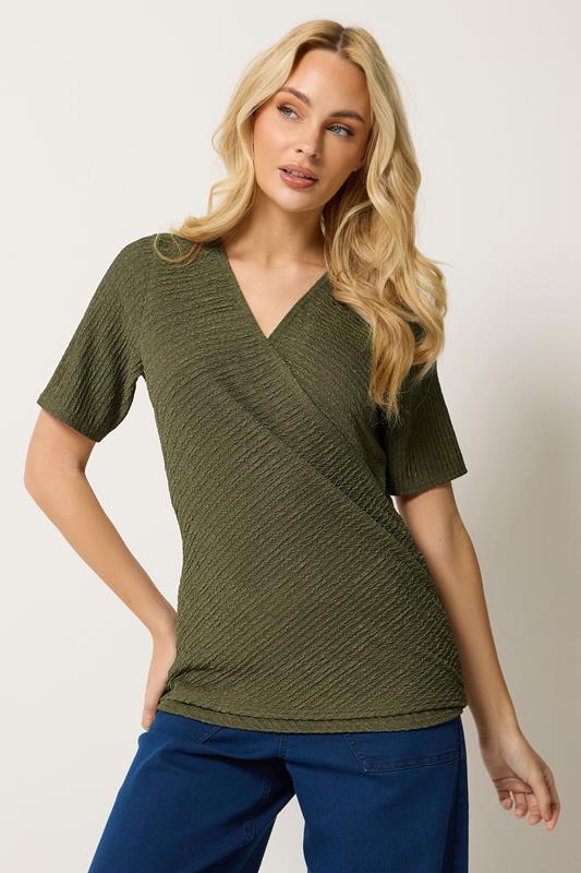  M&Co Khaki Green Textured Wrap Top