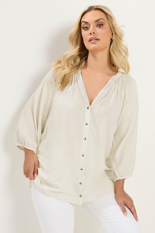 YOURS Plus Size Ivory White Chambray Blouse | Yours Clothing 1