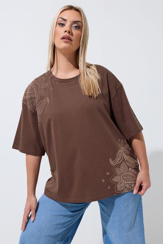 LIMITED COLLECTION Plus Size Chocolate Brown Floral Print T-Shirt | Yours Clothing 1