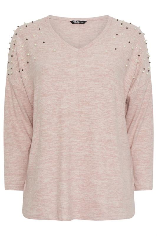 YOURS Plus Size Pink Pearl Embellished Soft Touch Jumper | Yours Clothing 5
