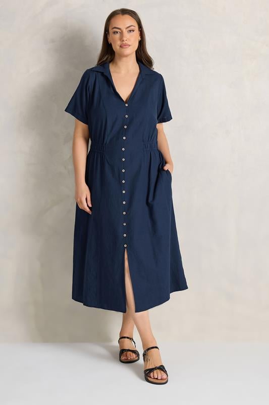 EVANS Plus Size Navy Blue Linen Shirred Waist Midi Dress | Evans 1