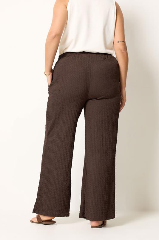 YOURS Plus Size Chocolate Brown Bubble Textured Wide Leg Trousers | Yours Clothing 2