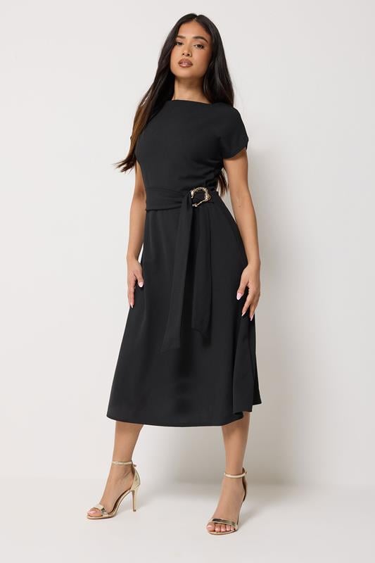 PixieGirl Petite Women's Black Buckle Midi Dress | PixieGirl 1