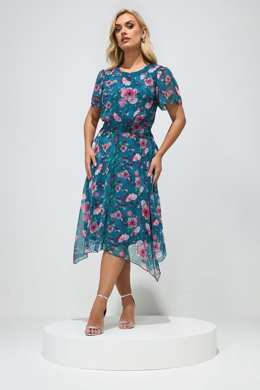 YOURS LONDON Curve Teal Blue Floral Ruffle Hem Dress