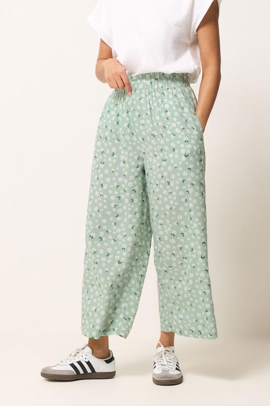 PixieGirl Petite Women's Sage Green Floral Cropped Trousers | PixieGirl 1