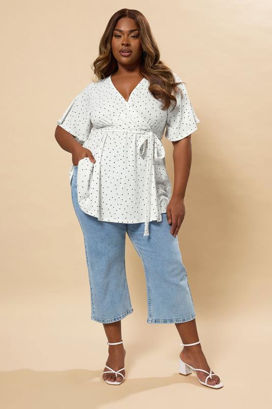 YOURS Plus Size White Ditsy Polka Dot Print Wrap Top | Yours Clothing 1