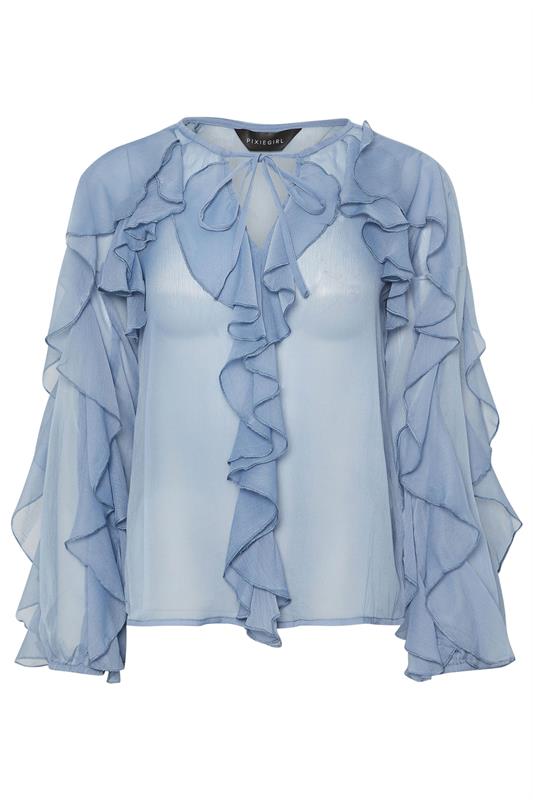 PixieGirl Petite Women's Blue Chiffon Frill Cotton Blouse | PixieGirl 5