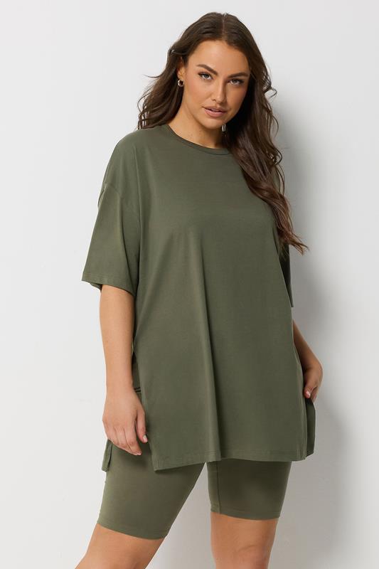 YOURS Plus Size Khaki Green Side Split Longline T-Shirt | Yours Clothing 1