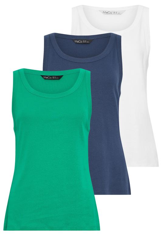 M&Co 3 PACK Green Blue & White Scoop Neck Cotton Vest Tops | M&Co 8