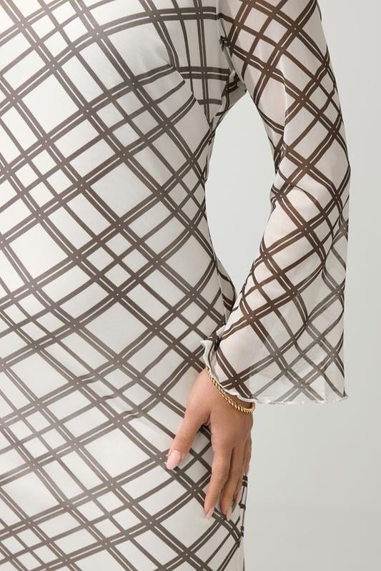 YOURS LONDON Plus Size Ivory White & Brown Checked Mesh Dress | Yours Clothing 4