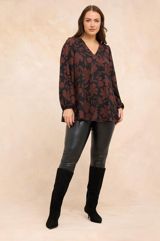 EVANS Plus Size Black & Brown Floral Pleat Front Blouse | Evans 1