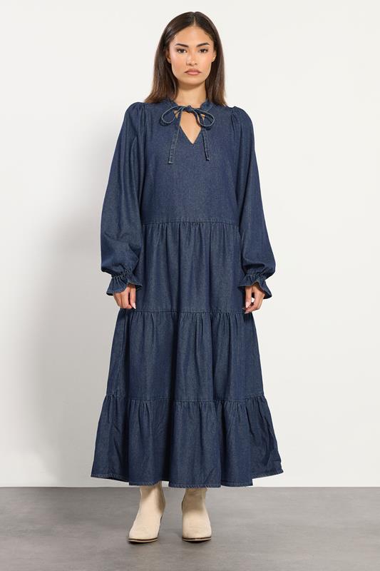 PixieGirl Petite Women's Dark Blue Tie Neck Tiered Cotton Dress | PixieGirl 2