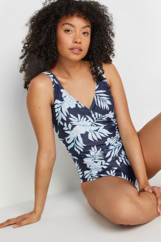M&Co Navy Blue Tropical Floral Print Tummy Control Wrap Swimsuit | M&Co 4