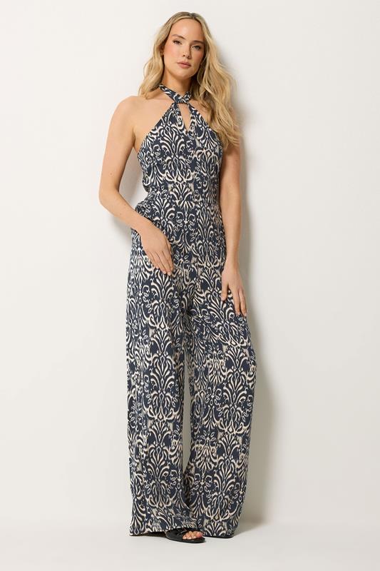 LTS Tall Women's Navy Blue Abstract Halterneck Jumpsuit | Long Tall Sally 2