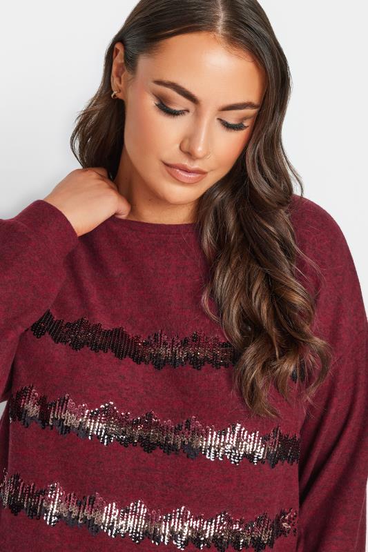 YOURS Plus Size Burgundy Red Sequin Embellished Stripe Jumper | Yours Clothing 4