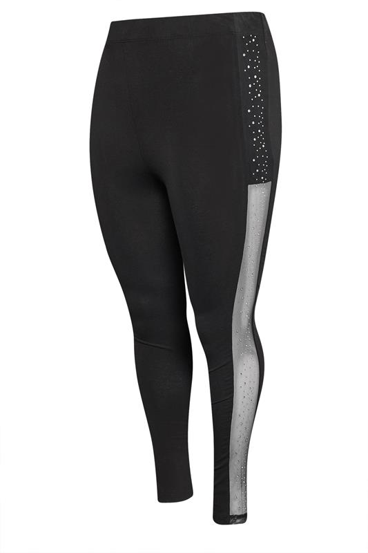 YOURS Plus Size Black Diamante Mesh Side Stripe Leggings | Yours Clothing 6
