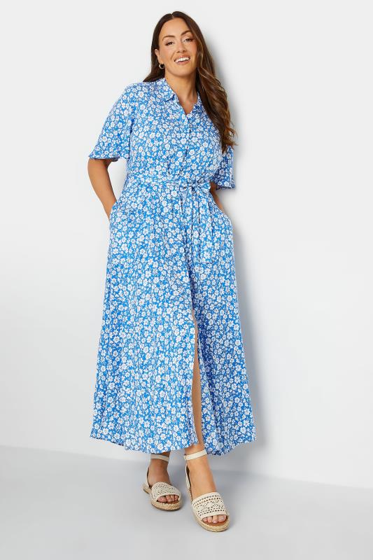Women's  M&Co Blue Floral Print Maxi Shirt Dress