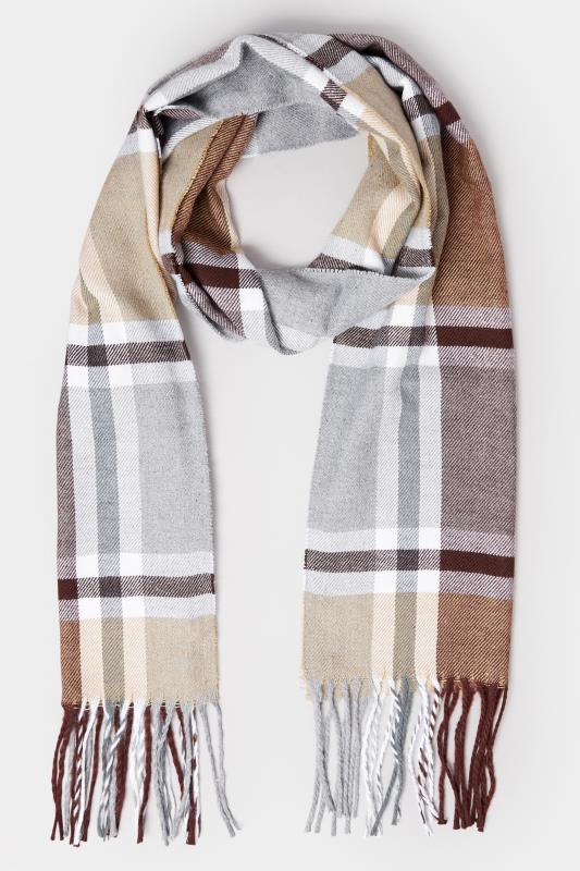 Grey & Brown Check Tassel Scarf | Yours Clothing  2