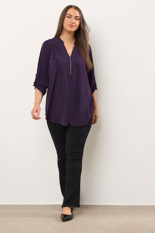 EVANS Plus Size Plum Purple Zip Front Jersey Blouse | Evans  1