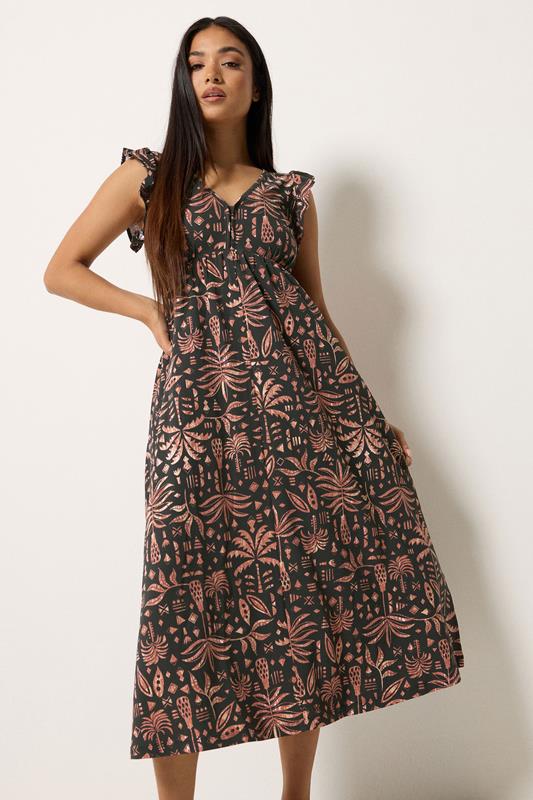  M&Co Petite Black Aztec Frill Sleeve Midi Dress