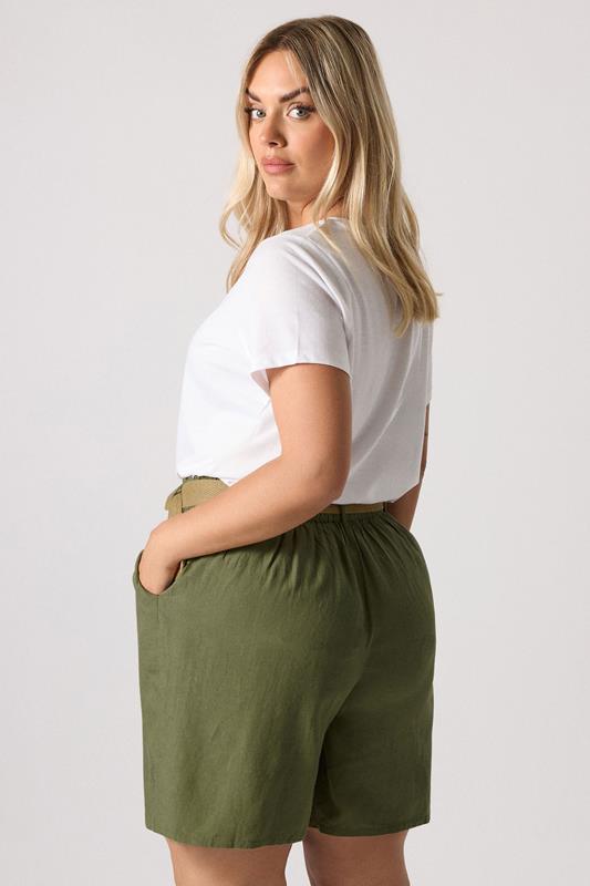 YOURS Plus Size Khaki Green Belted Linen Shorts | Yours Clothing 2