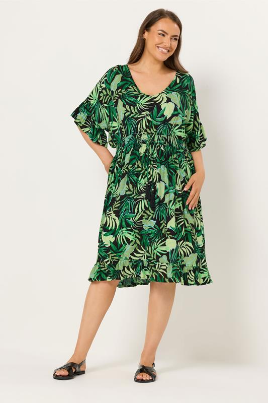 YOURS Plus Size Black Palm Leaf Crinkle Beach Dress | Yours Clothing 1