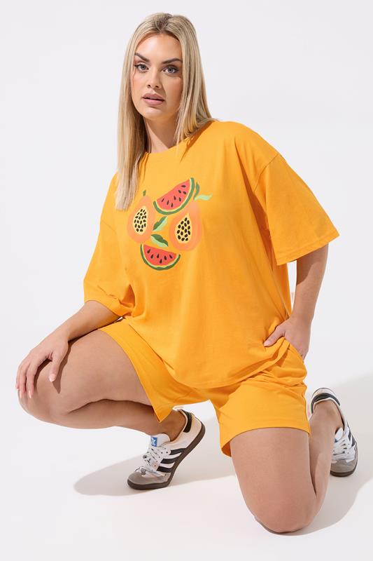 LIMITED COLLECTION Plus Size Orange Fruit Graphic Short Set | Yours Clothing 1