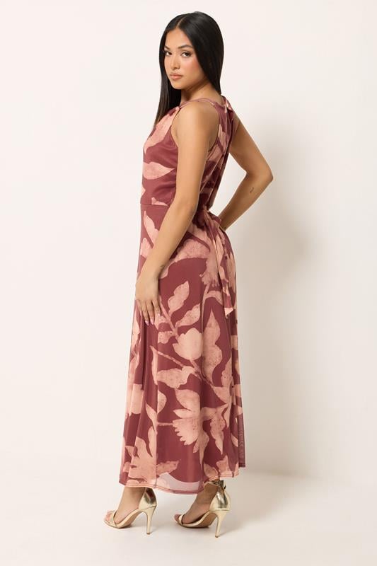 M&Co Petite Orange Floral Print Halter Neck Mesh Maxi Dress | M&Co 4
