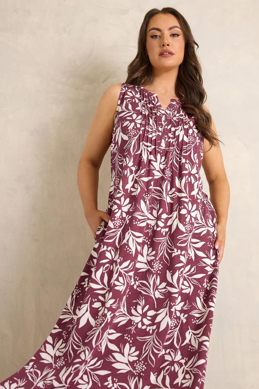 EVANS Plus Size Berry Red Leaf Print Cotton Dress | Evans  1
