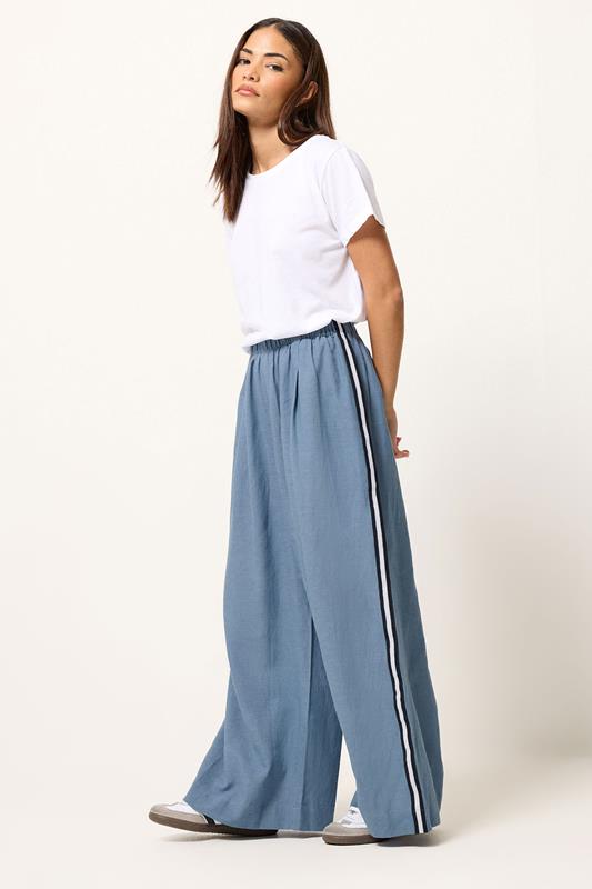 PixieGirl Petite Blue Side Stripe Linen Wide Leg Trousers