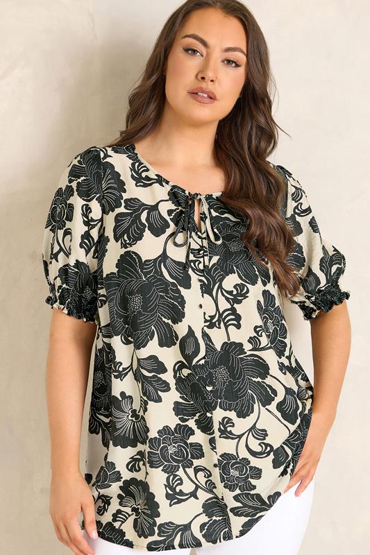 EVANS Curve Black Floral Tie Neck Blouse