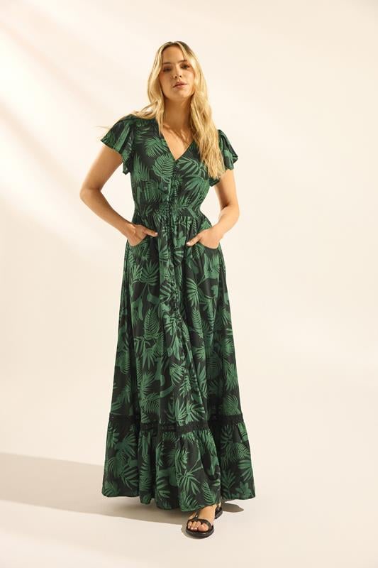 LTS Tall Black & Green Palm Print Button Maxi Dress