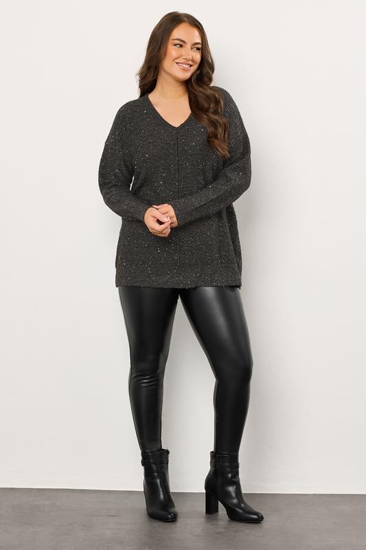 EVANS Plus Size Black Sequin Embellished V-Neck Jumper | Evans 1