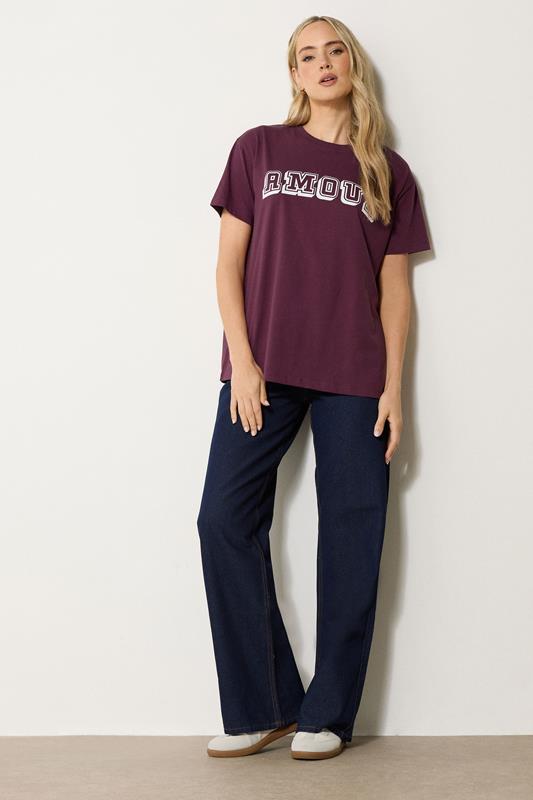 LTS Tall Burgundy Red 'Amour' Slogan Cotton T-Shirt | Long Tall Sally 1