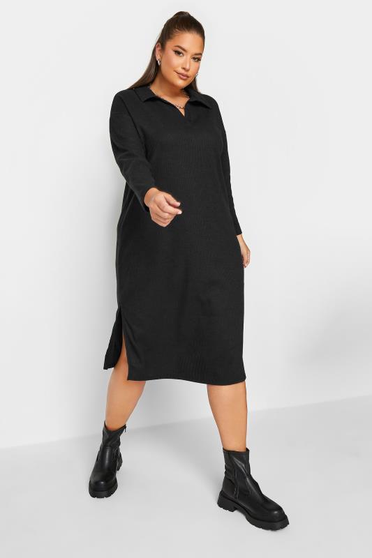 Plus Size  YOURS Curve Black Soft Touch Open Collar Midi Jumper Dress