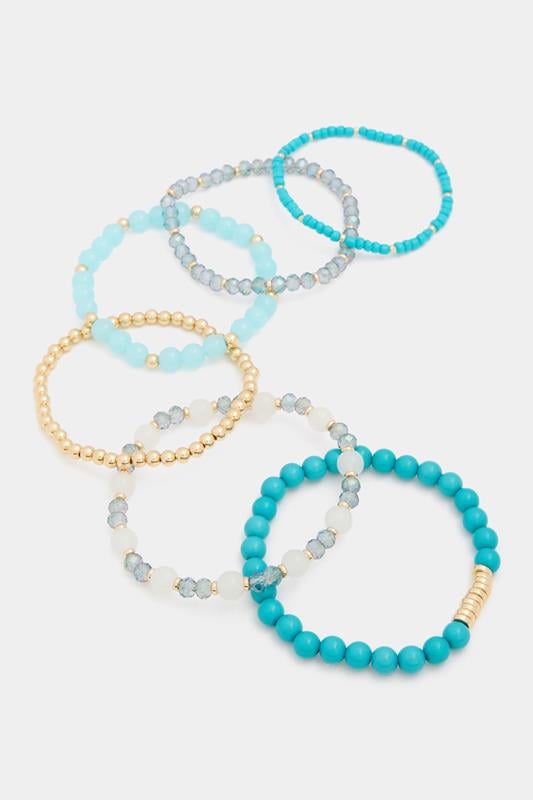6 PACK Blue Mix Bead Stretch Bracelet Set | Yours Clothing 1