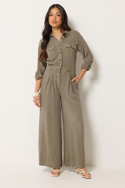 PixieGirl Petite Stone Brown Acid Wash Wide Leg Jumpsuit