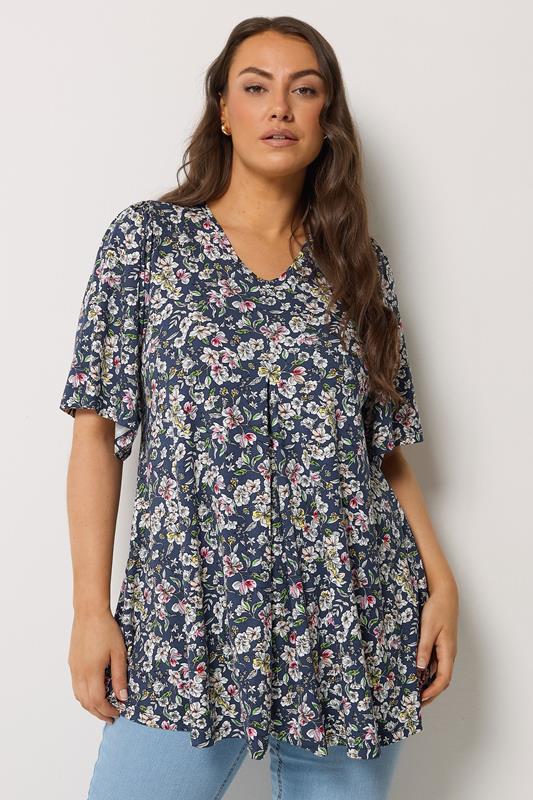 YOURS Plus Size Navy Blue Floral Pleat Front Top | Yours Clothing 1