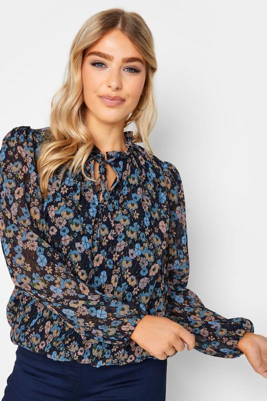 Women's  M&Co Navy Blue Floral Pleated Blouse