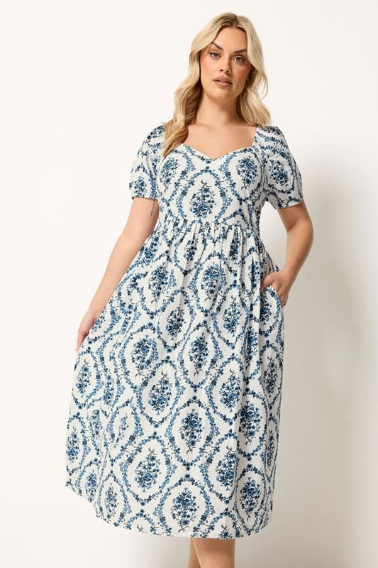 YOURS Curve White & Blue Floral Linen Midaxi Dress