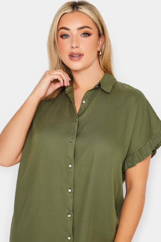 YOURS Plus Size Khaki Green Frill Sleeve Collared Shirt | Yours Clothing 4