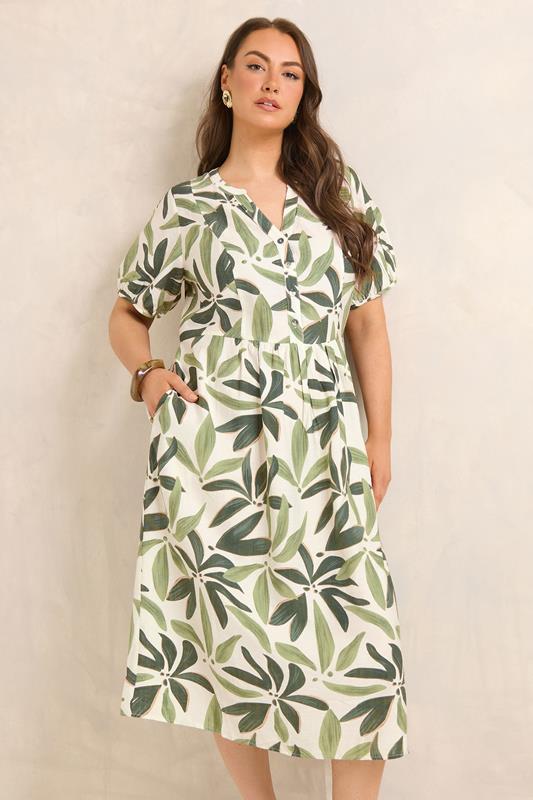 EVANS Plus Size Green Leaf Placket Midi Dress | Evans 1