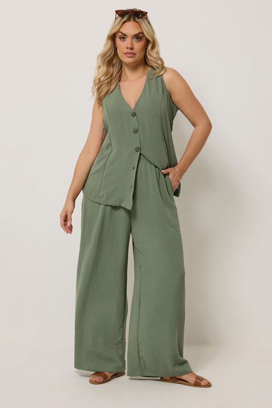 YOURS Plus Size Khaki Green Twill Wide Leg Trousers | Yours Clothing 1