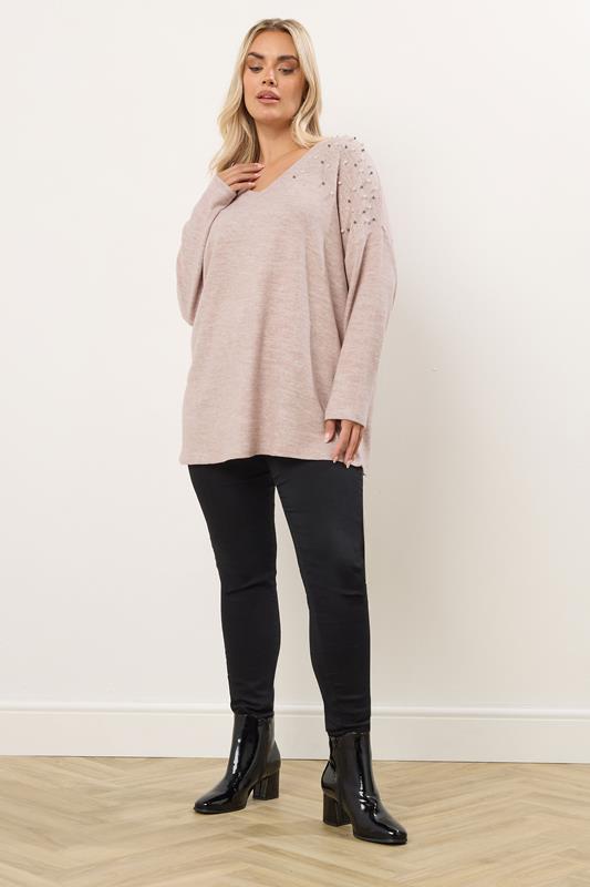 YOURS Plus Size Pink Pearl Embellished Soft Touch Jumper | Yours Clothing 1
