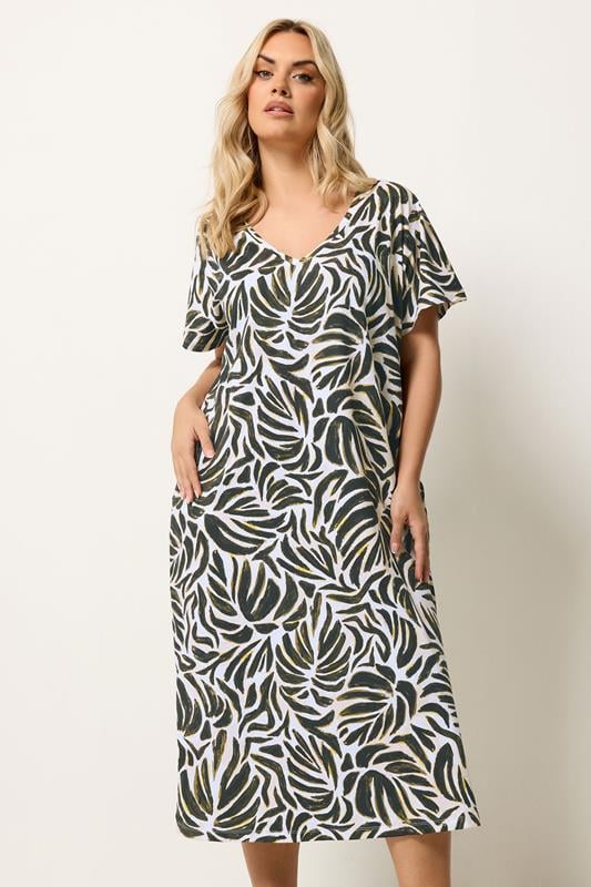 YOURS Curve Natural Brown & Green Leaf Print Dress