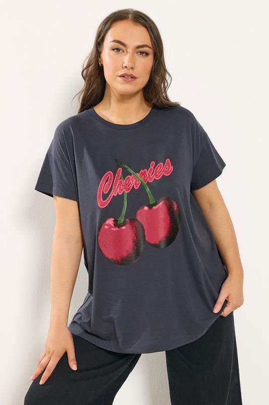 YOURS Curve Grey 'Cherries' Embellished Slogan T-Shirt
