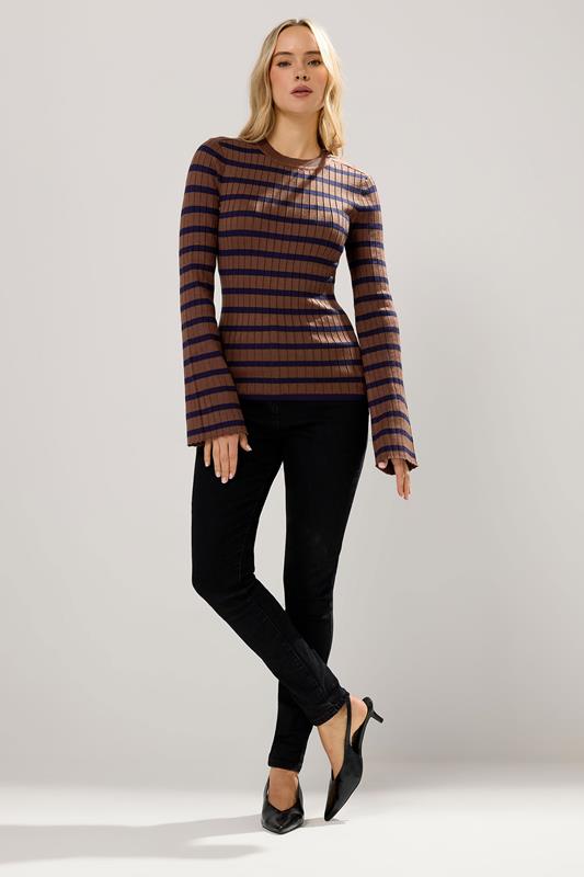 LTS Tall Chocolate Brown Striped Ribbed Jumper | Long Tall Sally 1