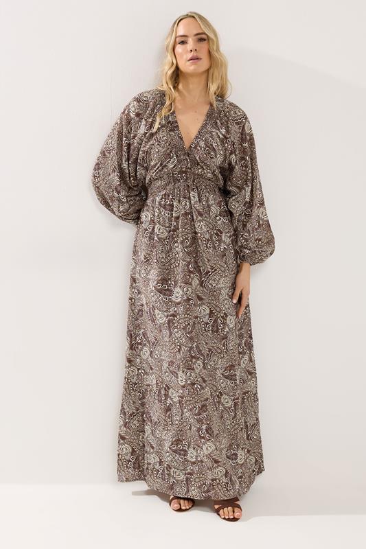 LTS Tall Women's Chocolate Brown Paisley Shirred Maxi Dress | Long Tall Sally 1